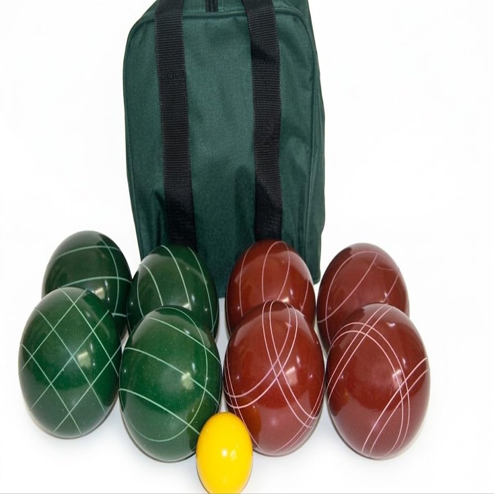 BuyBocceBalls Listing - Made in USA, Premium Quality Tournament Bocce Set - 110mm Dark Green and Dark Red Balls, Nylon Green/Black Bag, 998 Grams (2 lbs. 3.2 oz.). Various Bag Colors