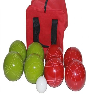 BuyBocceBalls Listing - Made in USA, Premium Quality Tournament Bocce Set - 110mm Lime Green and Dark Orange Balls, Nylon red Bag, 998 Grams (2 lbs. 3.2 oz.). Various Bag Colors