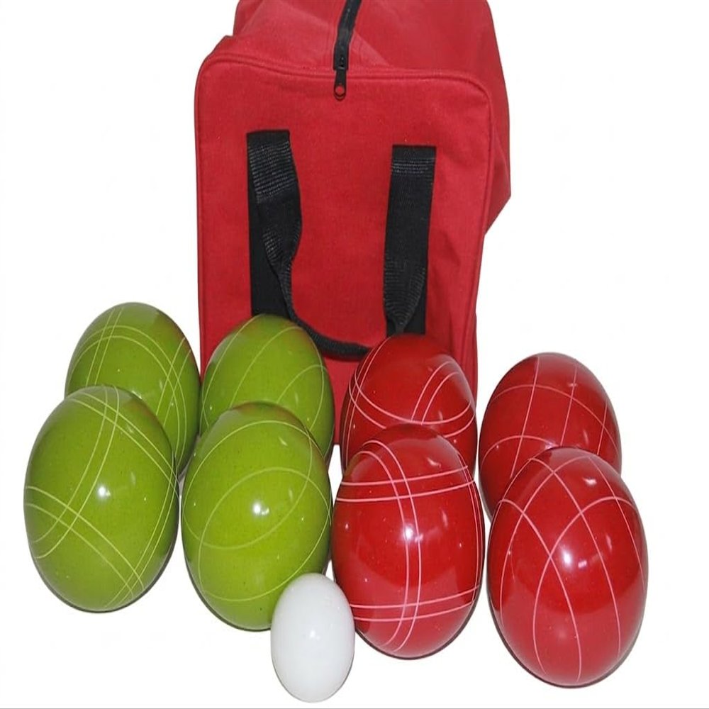 BuyBocceBalls Listing - Made in USA, Premium Quality Tournament Bocce Set - 110mm Lime Green and Dark Orange Balls, Nylon red Bag, 998 Grams (2 lbs. 3.2 oz.). Various Bag Colors