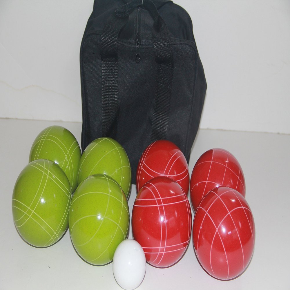 BuyBocceBalls Listing - Made in USA, Premium Quality Tournament Bocce Set - 110mm Lime Green and Dark Orange Balls, Nylon Black Bag, 998 Grams (2 lbs. 3.2 oz.). Various Bag Colors