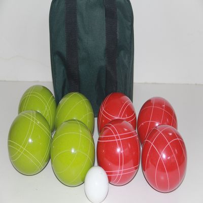 BuyBocceBalls Listing - Made in USA, Premium Quality Tournament Bocce Set - 110mm Lime Green and Dark Orange Balls, Nylon Green/Black Bag, 998 Grams (2 lbs. 3.2 oz.). Various Bag Colors
