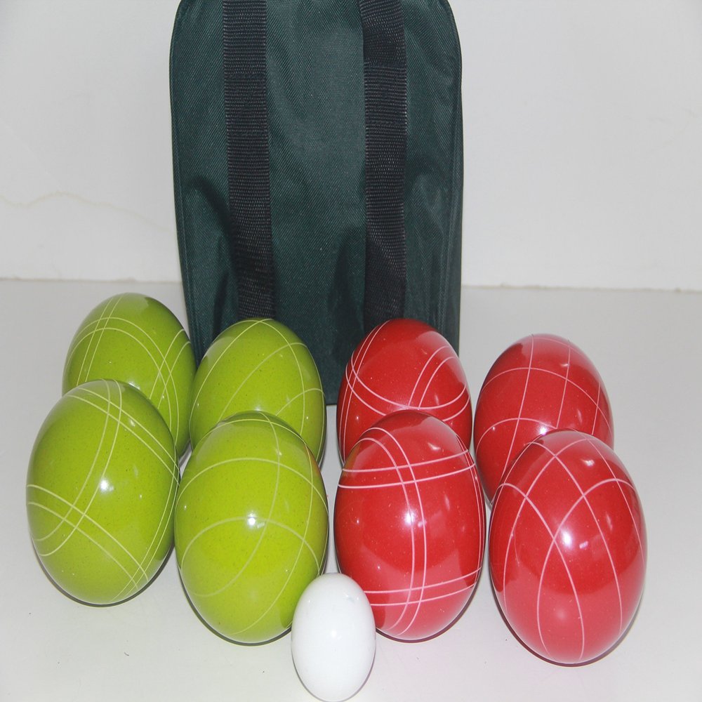 BuyBocceBalls Listing - Made in USA, Premium Quality Tournament Bocce Set - 110mm Lime Green and Dark Orange Balls, Nylon Green/Black Bag, 998 Grams (2 lbs. 3.2 oz.). Various Bag Colors