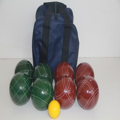 BuyBocceBalls Listing - Made in USA, Premium Quality Tournament Bocce Set - 107mm Dark Red and Green Balls, Nylon Blue Bag, 920 Grams (2 lbs. 1 oz.). Various Bag Colors
