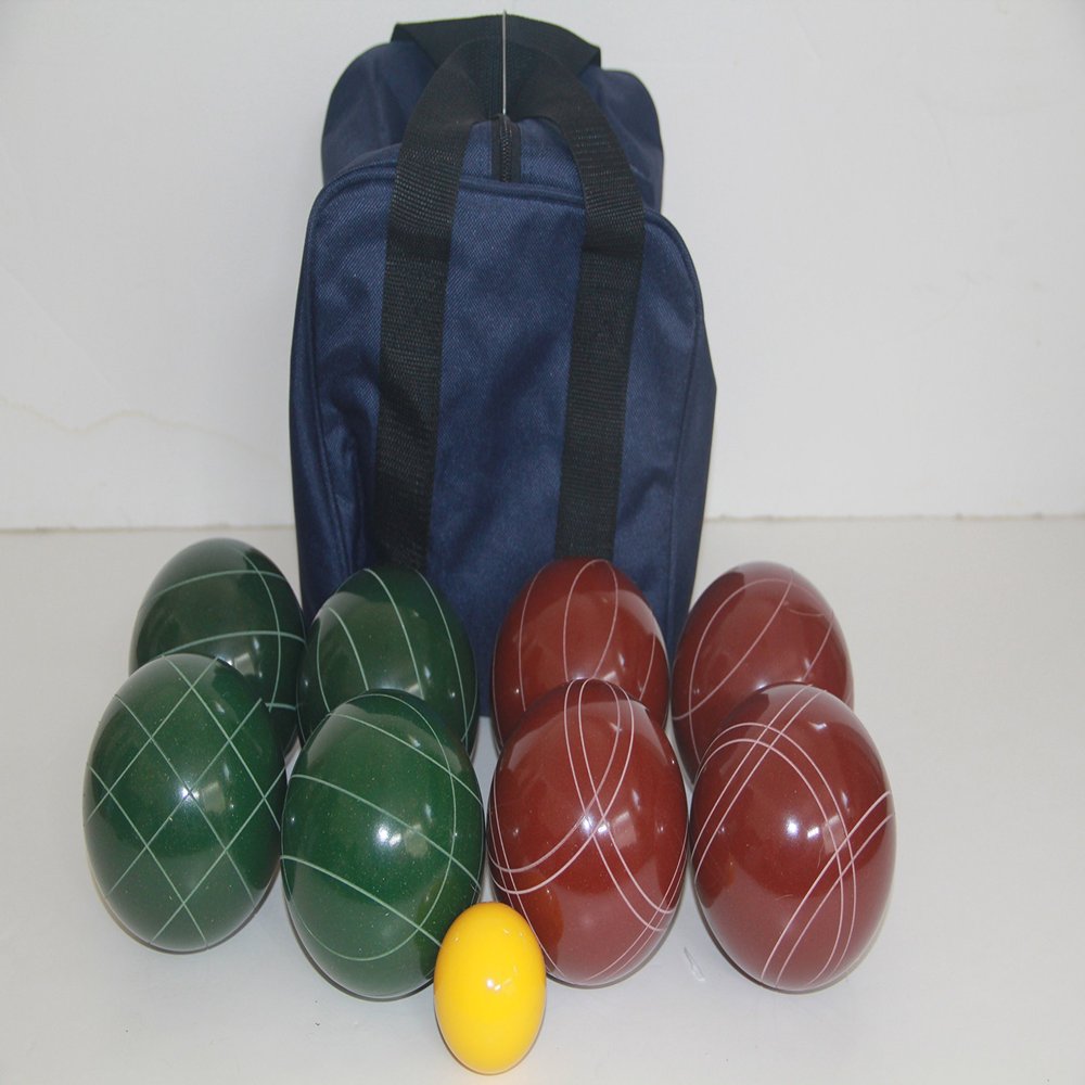 BuyBocceBalls Listing - Made in USA, Premium Quality Tournament Bocce Set - 107mm Dark Red and Green Balls, Nylon Blue Bag, 920 Grams (2 lbs. 1 oz.). Various Bag Colors