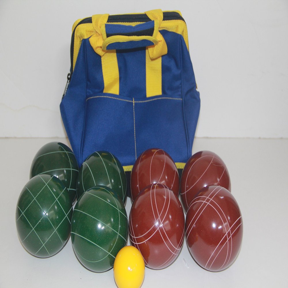 BuyBocceBalls Listing - Made in USA, Premium Quality Tournament Bocce Set - 107mm Dark Red and Green Balls, Nylon Blue/Yellow Bag, 920 Grams (2 lbs. 1 oz.).