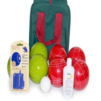 BuyBocceBalls Listing - Made in USA, Premium Quality Tournament Bocce Set - 110mm, Rustic Green/Orange Balls, Ball Polish, Kestrel Measuring Device and Green/Maroon Bag
