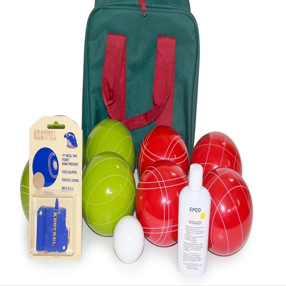 BuyBocceBalls Listing - Made in USA, Premium Quality Tournament Bocce Set - 110mm, Rustic Green/Orange Balls, Ball Polish, Kestrel Measuring Device and Green/Maroon Bag