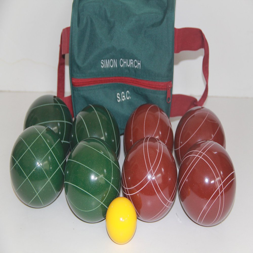BuyBocceBalls Listing - Made in USA, Premium Quality Tournament Bocce Set - 107mm Dark Red and Green Balls, Engraved Green Bag, 920 Grams (2 lbs. 1 oz.)
