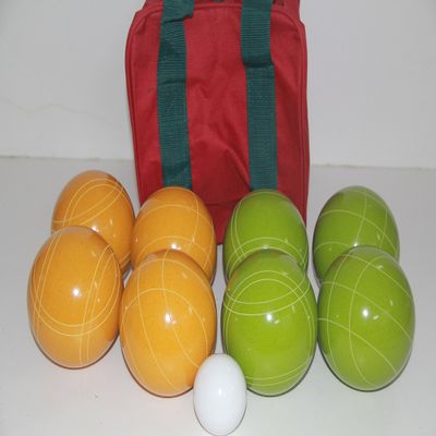 BuyBocceBalls Listing - Made in USA, Premium Quality Tournament Bocce Set - 110mm Lime Green and Yellowballs, Nylon Maroon Bag, 998 Grams (2 lbs. 3.2 oz.). Various Bag Colors