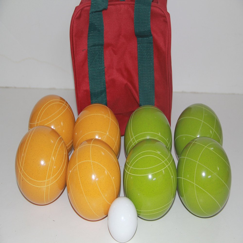BuyBocceBalls Listing - Made in USA, Premium Quality Tournament Bocce Set - 110mm Lime Green and Yellowballs, Nylon Maroon Bag, 998 Grams (2 lbs. 3.2 oz.). Various Bag Colors