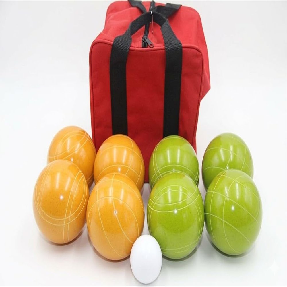 BuyBocceBalls Listing - Made in USA, Premium Quality Tournament Bocce Set - 110mm Lime Green and Yellow Balls, Nylon red Bag, 998 Grams (2 lbs. 3.2 oz.). Various Bag Colors