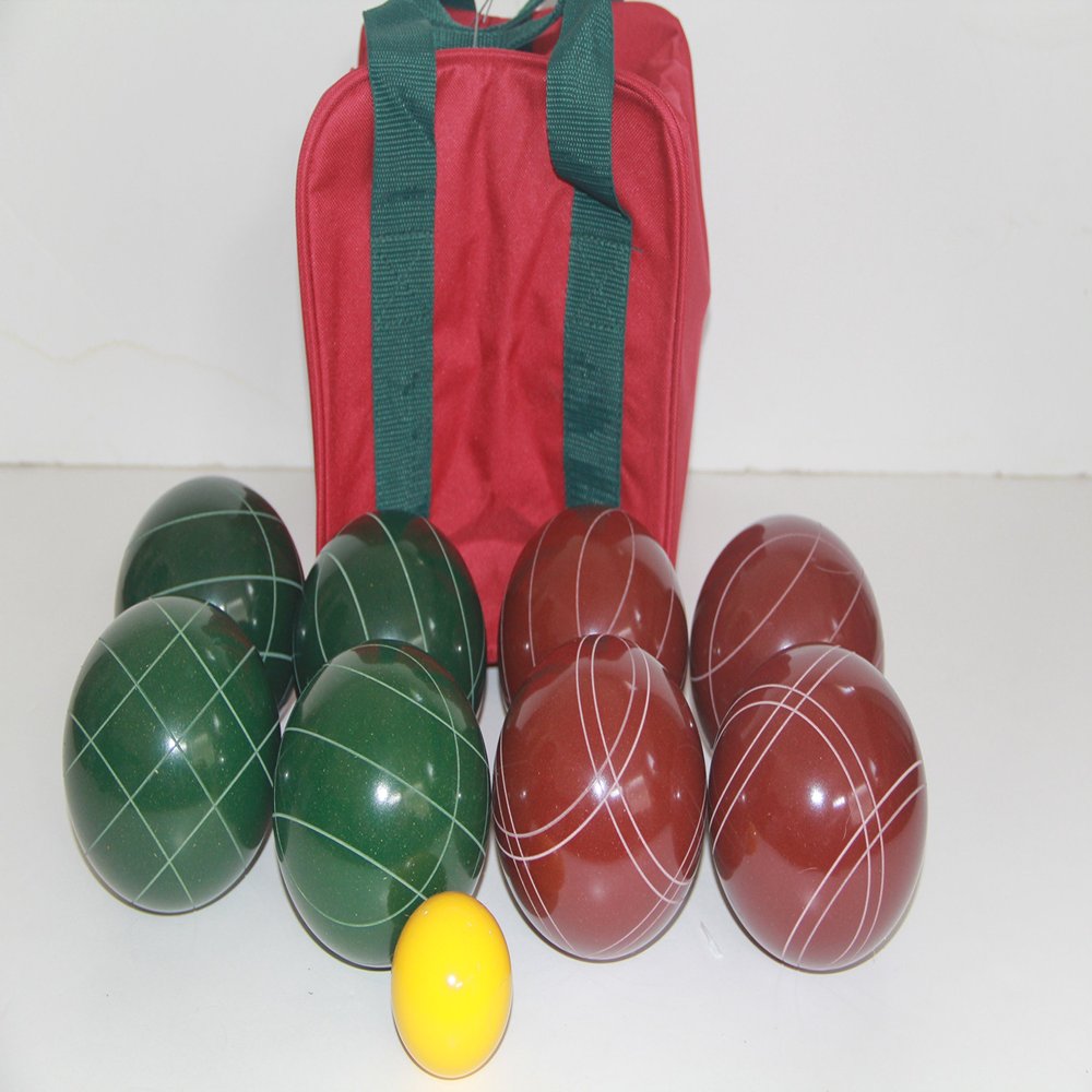 BuyBocceBalls Listing - Made in USA, Premium Quality Tournament Bocce Set - 114mm Dark Green and Red Balls, Nylon Maroon Bag, 1156 Grams (2 lbs. 8 oz.). Various Bag Colors