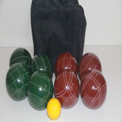 BuyBocceBalls Listing - Made in USA, Premium Quality Tournament Bocce Set - 114mm Dark Green and Red Balls, Nylon Black Bag, 1156 Grams (2 lbs. 8 oz.). Various Bag Colors
