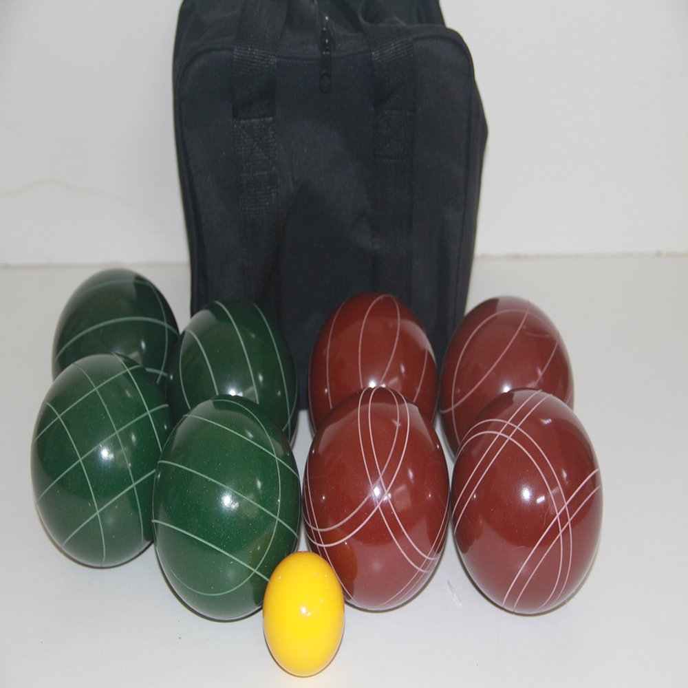 BuyBocceBalls Listing - Made in USA, Premium Quality Tournament Bocce Set - 114mm Dark Green and Red Balls, Nylon Black Bag, 1156 Grams (2 lbs. 8 oz.). Various Bag Colors