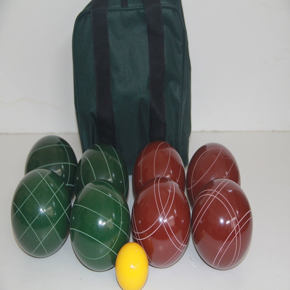BuyBocceBalls Listing - Made in USA, Premium Quality Tournament Bocce Set - 114mm Dark Green and Red Balls, Nylon Green Bag, 1156 Grams (2 lbs. 8 oz.). Various Bag Colors