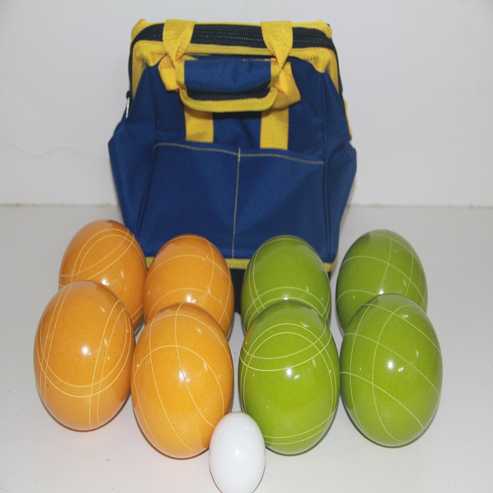 BuyBocceBalls Listing - Made in USA, Premium Quality Tournament Bocce Set - 110mm Lime Green and Yellow Balls, Nylon Blue/Yellow Bag, 998 Grams (2 lbs. 3.2 oz.).