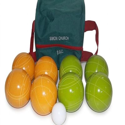BuyBocceBalls Listing - Made in USA, Premium Quality Tournament Bocce Set - 110mm Lime Green and Yellow Balls, Nylon Engraved Green Bag, 998 Grams (2 lbs. 3.2 oz.)
