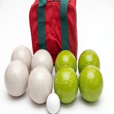 BuyBocceBalls Listing - Made in USA, Premium Quality Tournament Bocce Set - 110mm Lime Green and White Balls, Nylon Maroon Bag, 998 Grams (2 lbs. 3.2 oz.). Various Bag Colors