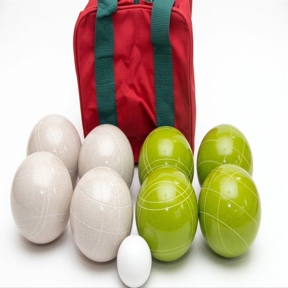 BuyBocceBalls Listing - Made in USA, Premium Quality Tournament Bocce Set - 110mm Lime Green and White Balls, Nylon Maroon Bag, 998 Grams (2 lbs. 3.2 oz.). Various Bag Colors