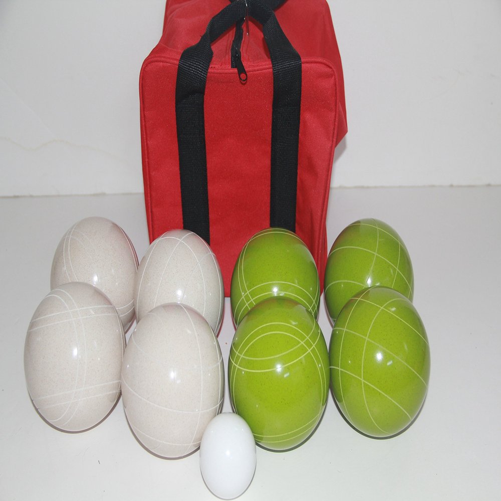 BuyBocceBalls Listing - Made in USA, Premium Quality Tournament Bocce Set - 110mm EPCO Bocce Set - Rustic Green/White Balls and red/Black Bag, 998 Grams (2 lbs. 3.2 oz.)