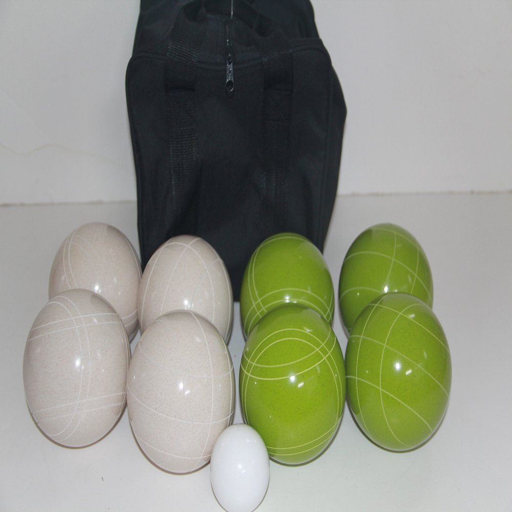 BuyBocceBalls Listing - Made in USA, Premium Quality Tournament Bocce Set - 110mm Lime Green and White Balls, Nylon Black Bag, 998 Grams (2 lbs. 3.2 oz.). Various Bag Colors