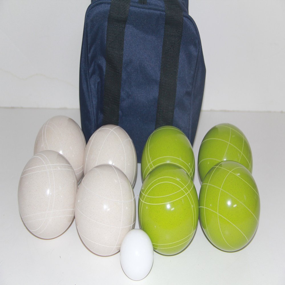 BuyBocceBalls Listing - Made in USA, Premium Quality Tournament Bocce Set - 110mm Lime Green and White Balls, Nylon Blue Bag, 998 Grams (2 lbs. 3.2 oz.). Various Bag Colors