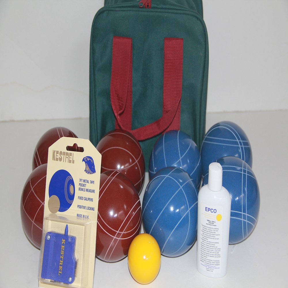 BuyBocceBalls Listing - Made in USA, Premium Quality Tournament Bocce Set - 110mm Blue and Dark Red Balls, Nylon Maroon Bag, 998 Grams (2 lbs. 3.2 oz.). Polish. Measure Device