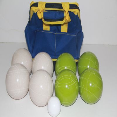 BuyBocceBalls Listing - Made in USA, Premium Quality Tournament Bocce Set - 110mm EPCO Bocce Set - Rustic Green/White Balls and Blue/Yellow Bag, 998 Grams (2 lbs. 3.2 oz.)