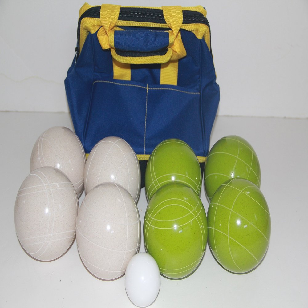 BuyBocceBalls Listing - Made in USA, Premium Quality Tournament Bocce Set - 110mm EPCO Bocce Set - Rustic Green/White Balls and Blue/Yellow Bag, 998 Grams (2 lbs. 3.2 oz.)