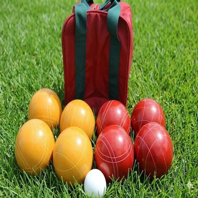 BuyBocceBalls Listing - Made in USA, Premium Quality Tournament Bocce Set - 110mm Gold and Red Balls, Nylon Maroon Bag, 998 Grams (2 lbs. 3.2 oz.). Various Bag Colors