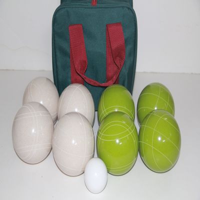 BuyBocceBalls Listing - Made in USA, Premium Quality Tournament Bocce Set - 110mm White and Lime Green Balls, Nylon Bag, 998 Grams (2 lbs. 3.2 oz.). Various Bag Colors