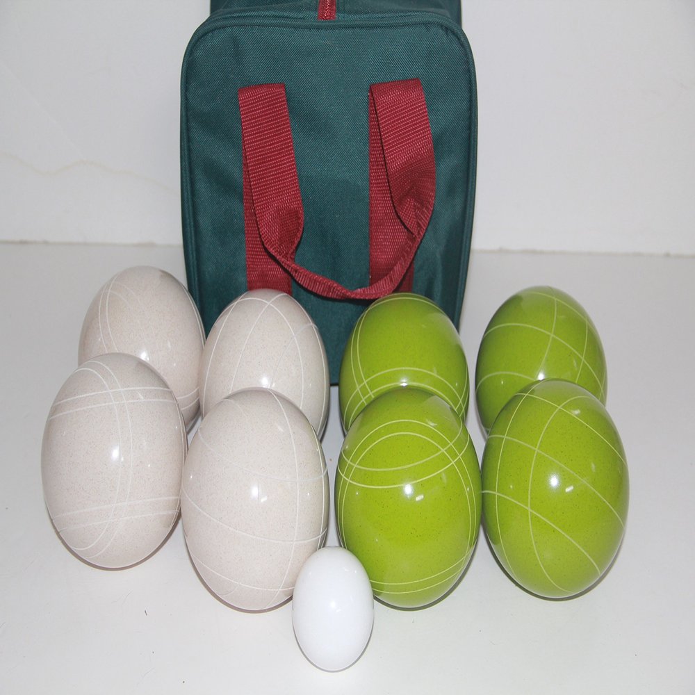 BuyBocceBalls Listing - Made in USA, Premium Quality Tournament Bocce Set - 110mm White and Lime Green Balls, Nylon Bag, 998 Grams (2 lbs. 3.2 oz.). Various Bag Colors