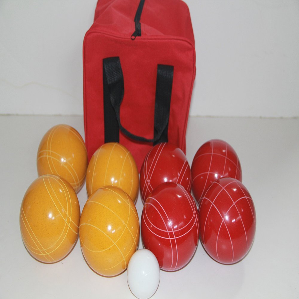 BuyBocceBalls Listing - Made in USA, Premium Quality Tournament Bocce Set - 110mm Gold and Red Balls, Nylon red Bag, 998 Grams (2 lbs. 3.2 oz.). Various Bag Colors