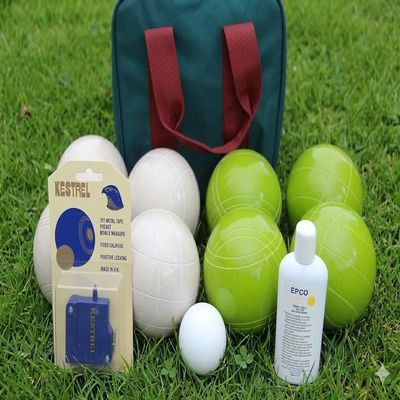 BuyBocceBalls Listing - Made in USA, Premium Quality Tournament Bocce Set - 110mm Lime Green and White Balls, Nylon Maroon Bag, 998 Grams (2 lbs. 3.2 oz.). Polish. Measure Device