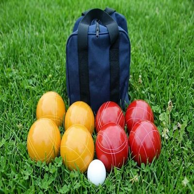 BuyBocceBalls Listing - Made in USA, Premium Quality Tournament Bocce Set - 110mm Gold and Red Balls, Nylon Blue Bag, 998 Grams (2 lbs. 3.2 oz.). Various Bag Colors