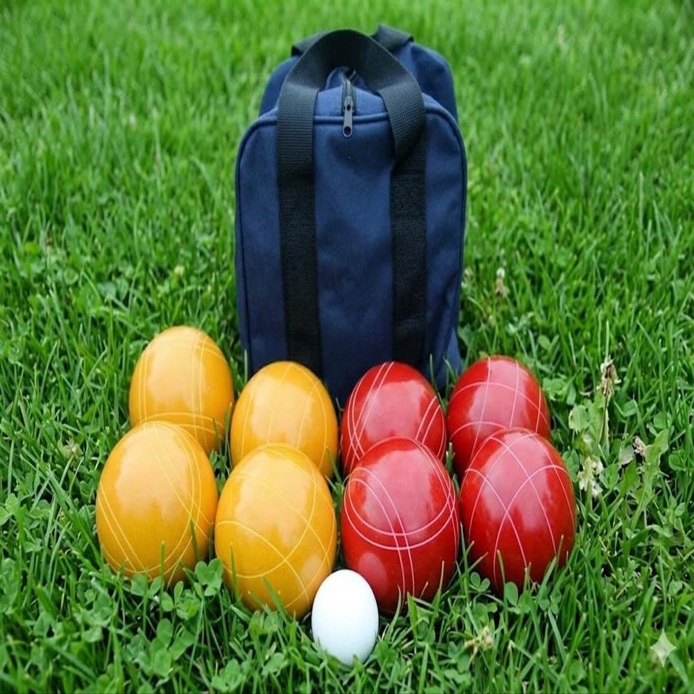 BuyBocceBalls Listing - Made in USA, Premium Quality Tournament Bocce Set - 110mm Gold and Red Balls, Nylon Blue Bag, 998 Grams (2 lbs. 3.2 oz.). Various Bag Colors