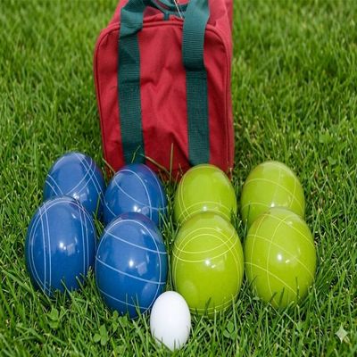 BuyBocceBalls Listing - Made in USA, Premium Quality Tournament Bocce Set - 110mm Rustic Green/Blue Balls and Maroon/Green Bag, 998 Grams (2 lbs. 3.2 oz.).
