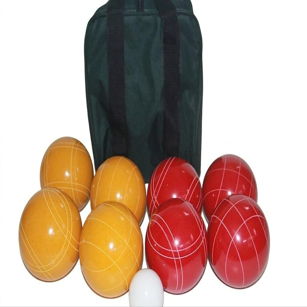 BuyBocceBalls Listing - Made in USA, Premium Quality Tournament Bocce Set - 110mm Gold and Red Balls, Nylon Green/Black Bag, 998 Grams (2 lbs. 3.2 oz.). Various Bag Colors