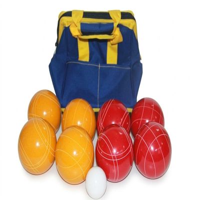 BuyBocceBalls Listing - Made in USA, Premium Quality Tournament Bocce Set - 110mm Gold and Red Balls, Nylon Blue/Yellow Bag, 998 Grams (2 lbs. 3.2 oz.).