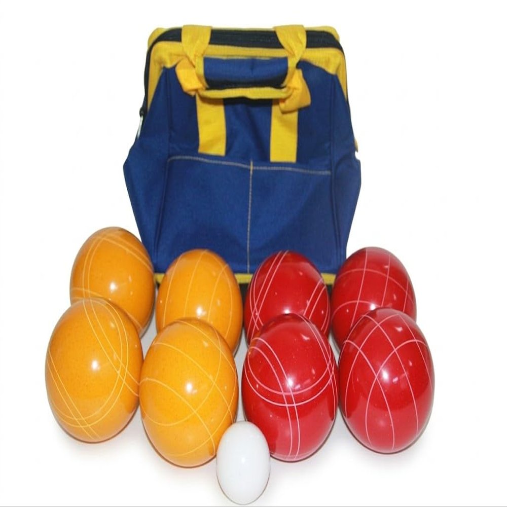 BuyBocceBalls Listing - Made in USA, Premium Quality Tournament Bocce Set - 110mm Gold and Red Balls, Nylon Blue/Yellow Bag, 998 Grams (2 lbs. 3.2 oz.).