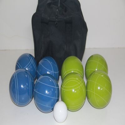 BuyBocceBalls Listing - Made in USA, Premium Quality Tournament Bocce Set - 110mm Blue and Green Balls, Nylon Black Bag, 998 Grams (2 lbs. 3.2 oz.). Various Bag Colors