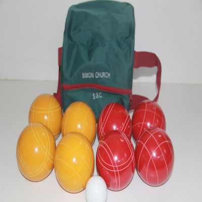 BuyBocceBalls Listing - Made in USA, Premium Quality Tournament Bocce Set - 110mm Gold and Red Balls, Nylon Engraved Green Bag, 998 Grams (2 lbs. 3.2 oz.)