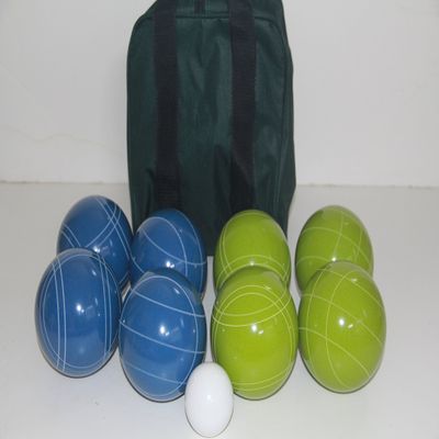 BuyBocceBalls Listing - Made in USA, Premium Quality Tournament Bocce Set - 110mm Blue and Green Balls, Nylon Green/Black Bag, 998 Grams (2 lbs. 3.2 oz.). Various Bag Colors