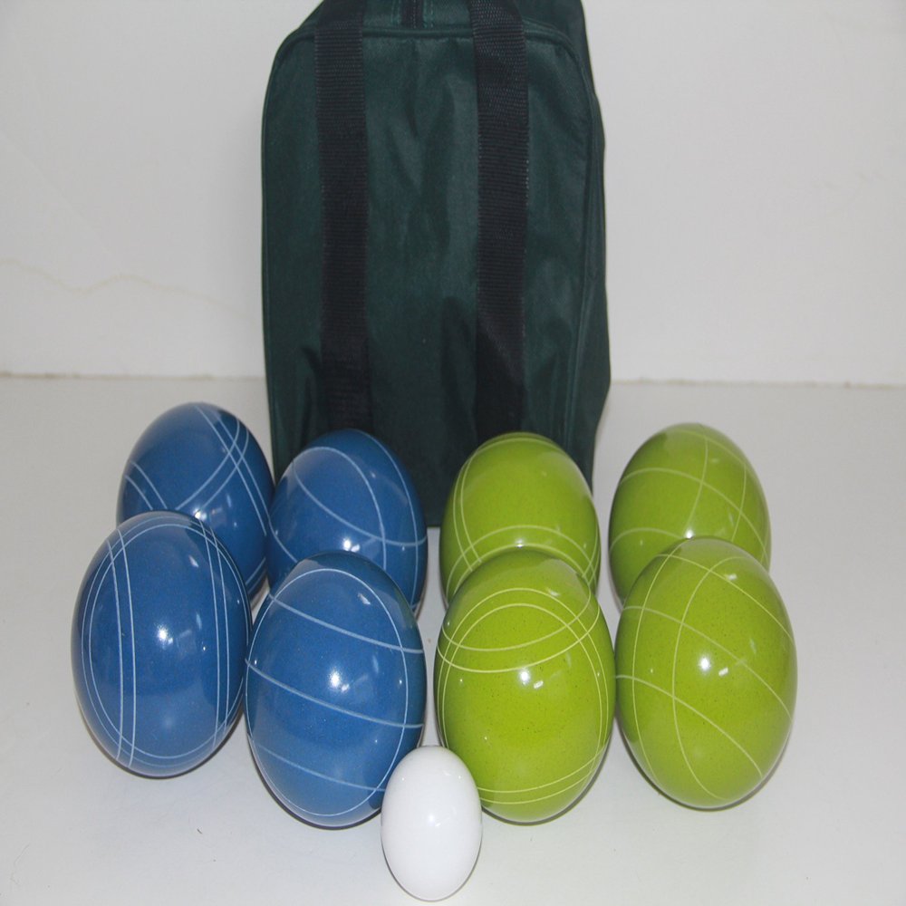BuyBocceBalls Listing - Made in USA, Premium Quality Tournament Bocce Set - 110mm Blue and Green Balls, Nylon Green/Black Bag, 998 Grams (2 lbs. 3.2 oz.). Various Bag Colors