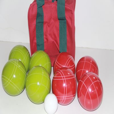 BuyBocceBalls Listing - Made in USA, Premium Quality Tournament Bocce Set - 110mm Lime Green and Red Balls, Nylon Maroon Bag, 998 Grams (2 lbs. 3.2 oz.). Various Bag Colors