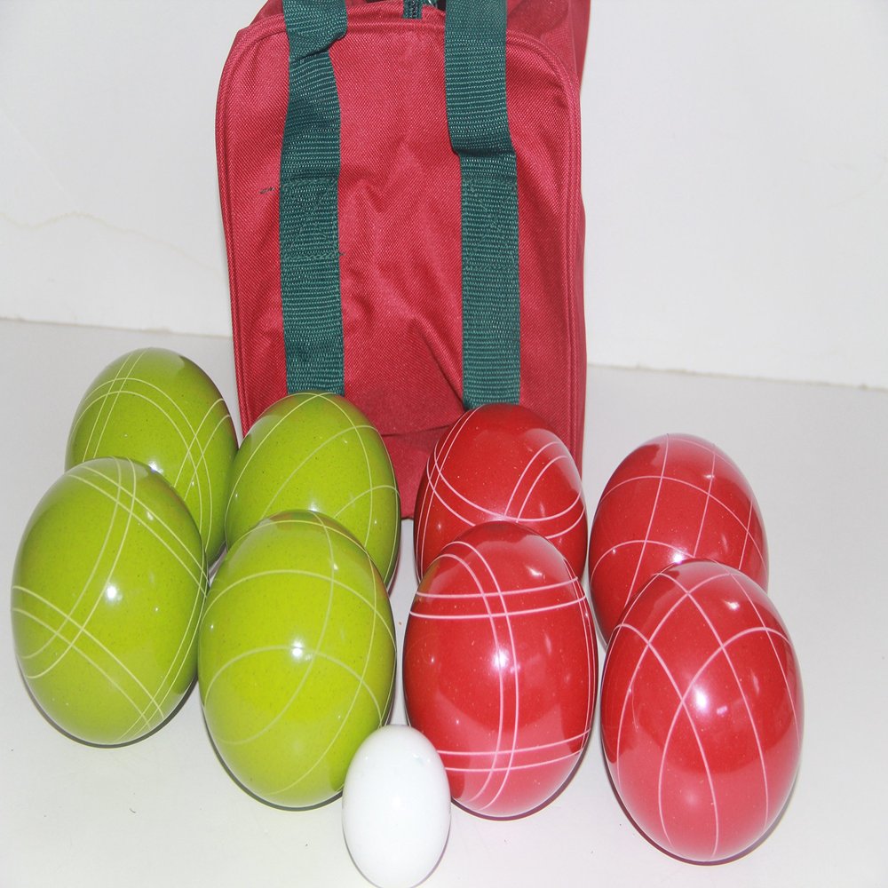BuyBocceBalls Listing - Made in USA, Premium Quality Tournament Bocce Set - 110mm Lime Green and Red Balls, Nylon Maroon Bag, 998 Grams (2 lbs. 3.2 oz.). Various Bag Colors