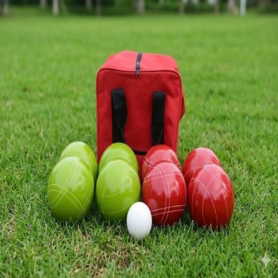 BuyBocceBalls Listing - American-Made, Premium Tournament Bocce Set - 110mm Lime Green and Red Balls, Nylon red Bag, 998 Grams (2 lbs. 3.2 oz.). Various Bag Colors