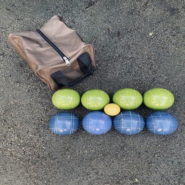 BuyBocceBalls Listing - Made in USA, Premium Quality Tournament Bocce Set - 110mm Blue and Lime Green Balls, Nylon Bag, 998 Grams (2 lbs. 3.2 oz.). Various Bag Colors