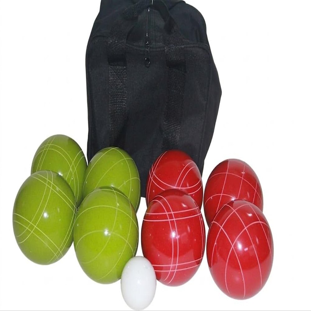 BuyBocceBalls Listing - Made in USA, Premium Quality Tournament Bocce Set - 110mm Lime Green and Red Balls, Nylon Black Bag, 998 Grams (2 lbs. 3.2 oz.). Various Bag Colors