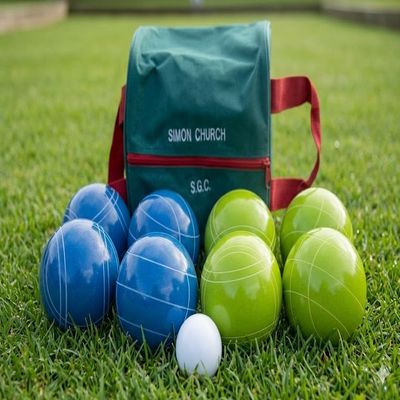 BuyBocceBalls Listing - Made in USA, Premium Quality Tournament Bocce Set - 110mm Blue and Green Balls, Nylon Engraved Green Bag, 998 Grams (2 lbs. 3.2 oz.)